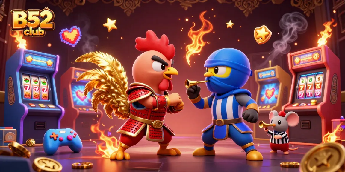 B52 club showcases twin fighting roosters in a dramatic standoff with casino game elements, emphasizing unique casino gameplay.