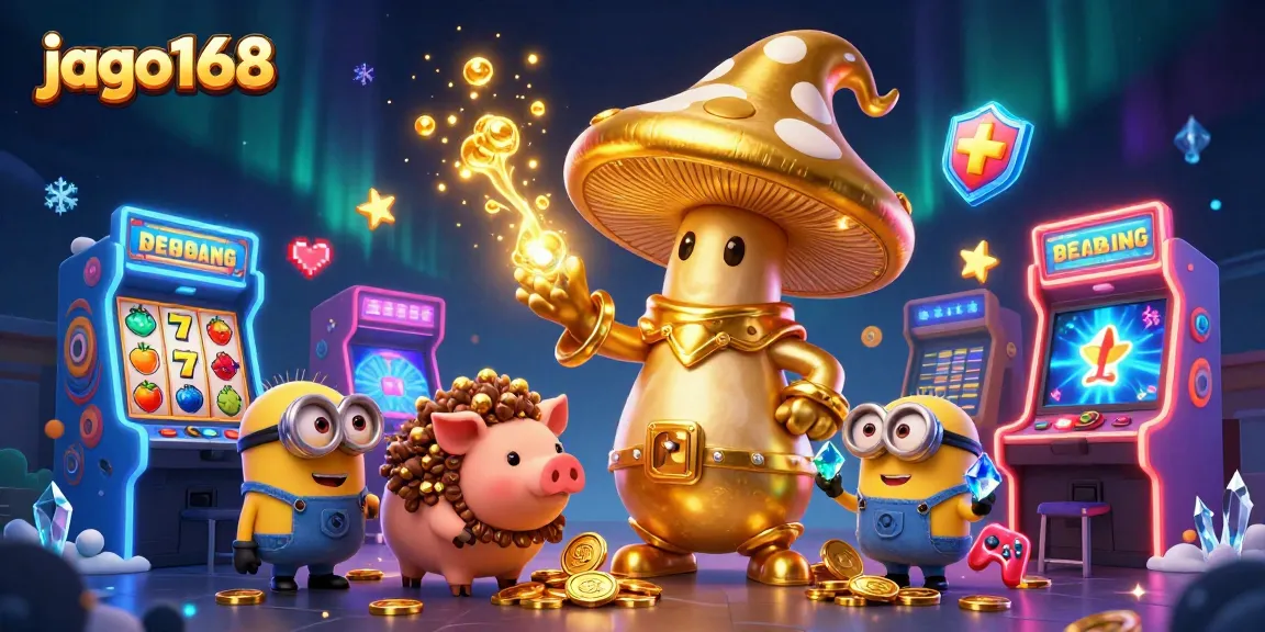 jago168 engages players with a whimsical golden wizard and treasure-hunting pig in a vibrant casino environment.