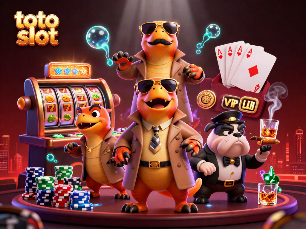 Engage with the exciting toto slot scene featuring cartoon raptors at a VIP casino entrance.