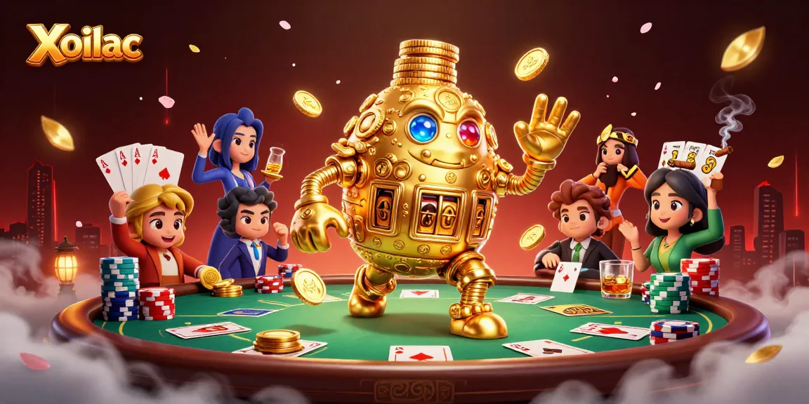 Xoilac showcases vibrant poker action with a golden golem and stunning casino elements.