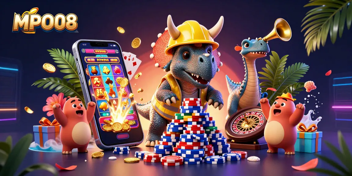 MPO08 promotes engaging gameplay with a 3D triceratops building a poker chip pyramid in a vibrant casino scene.