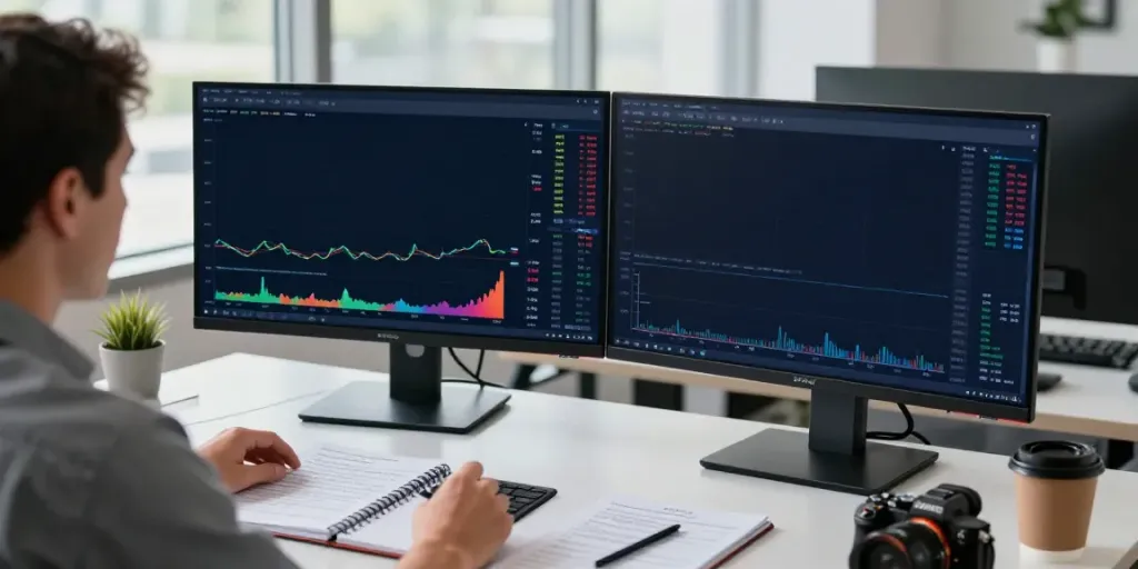 Trader analyzing market trends on TradingView in a modern office.