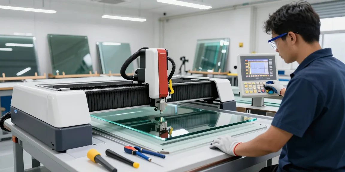 Technician using a glass cutting machine CNC in a well-equipped workshop.