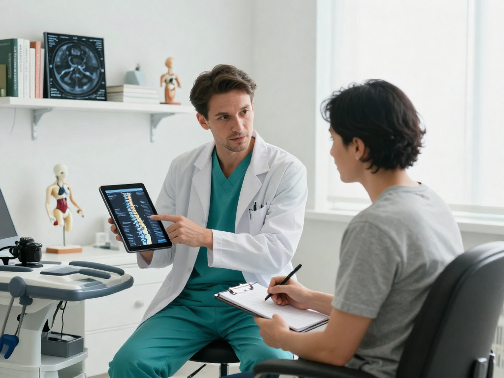 Engaging consultation on Boyun fıtığı ameliyatı between a surgeon and patient in a modern healthcare setting.