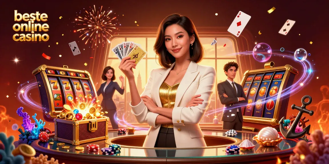 Experience the excitement of the beste online casino with a stylish Asian woman showcasing her winning poker skills amidst vibrant casino elements.