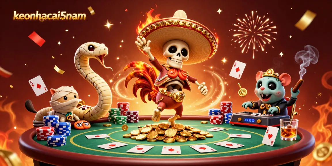 Engage in the thrill of keonhacai5nam with a vibrant 3D casino scene featuring lively characters.