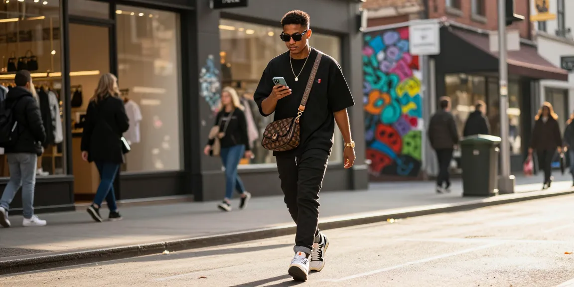Modern urban fashion model showcasing 레플리카 clothing while checking smartphone on city street.