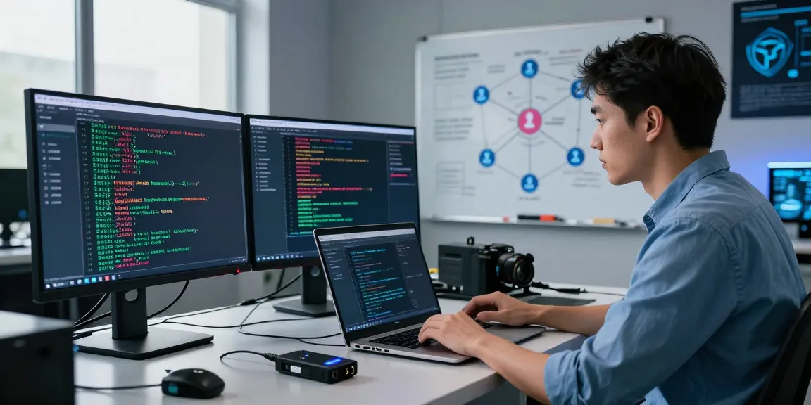 Cybersecurity expert analyzing blockchain data to recover stolen cryptocurrency in a tech lab.