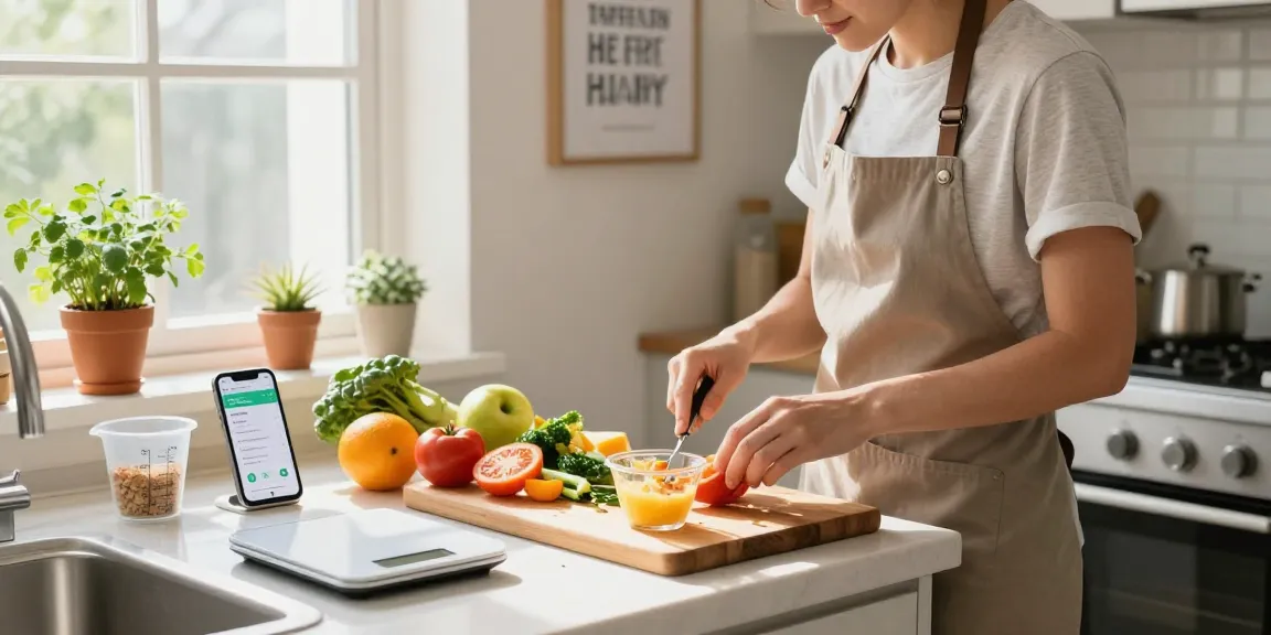 Individual measuring ingredients for breakfast using the best calorie tracker app in a bright kitchen.