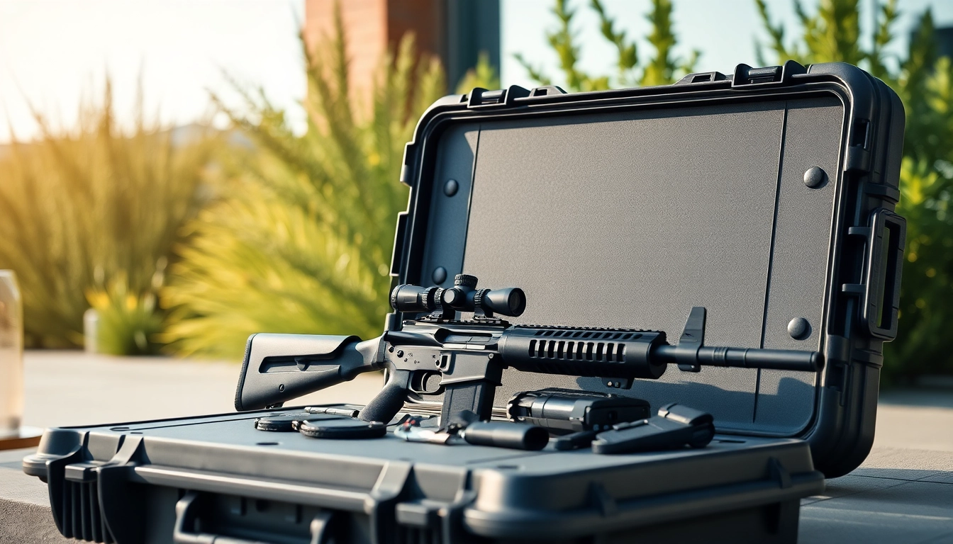 Showcase of a Pelican gun case for sale with rifle and accessories in a bright outdoor setting.