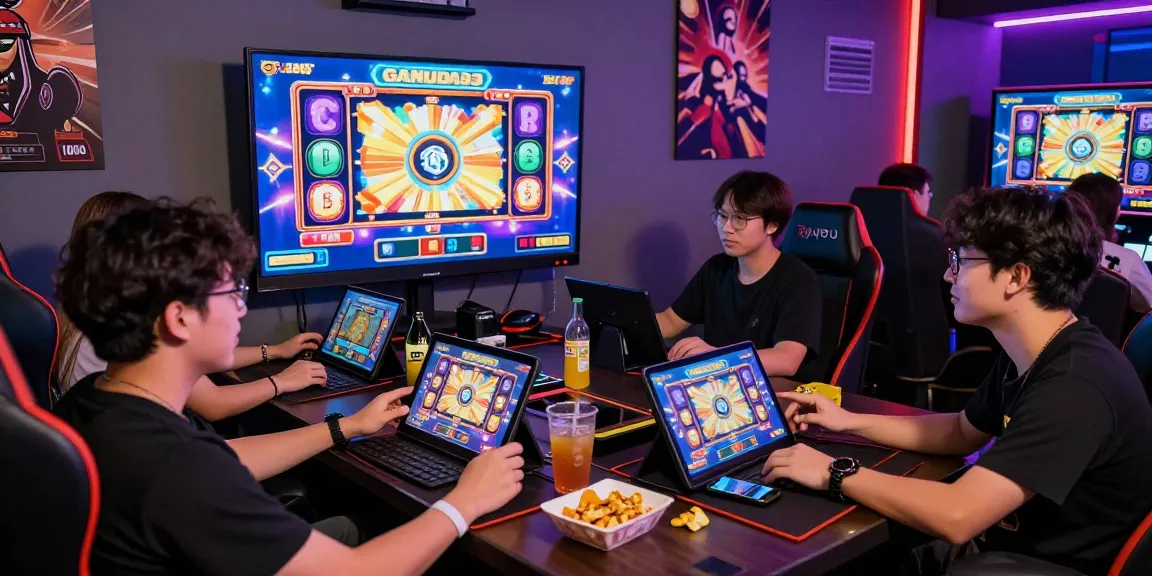 Group of friends enjoying gaming on GARUDA303 slot depo 1000 with vibrant visuals and snacks.