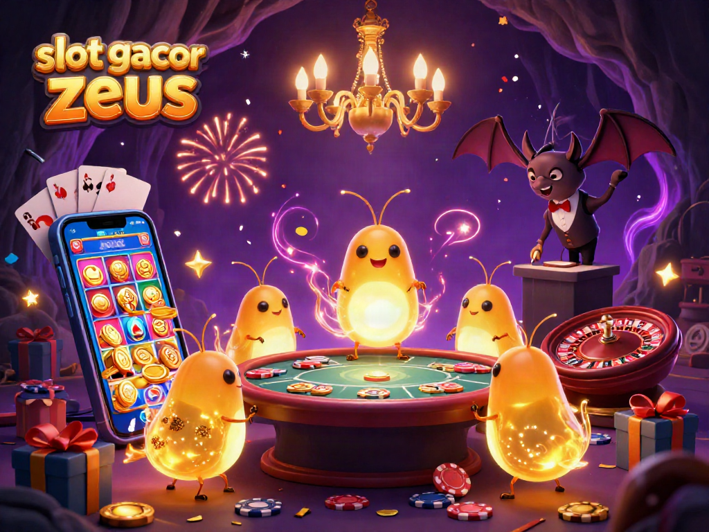Engage in the thrilling action of "slot gacor zeus" with glowworms lighting a vibrant cave casino scene.