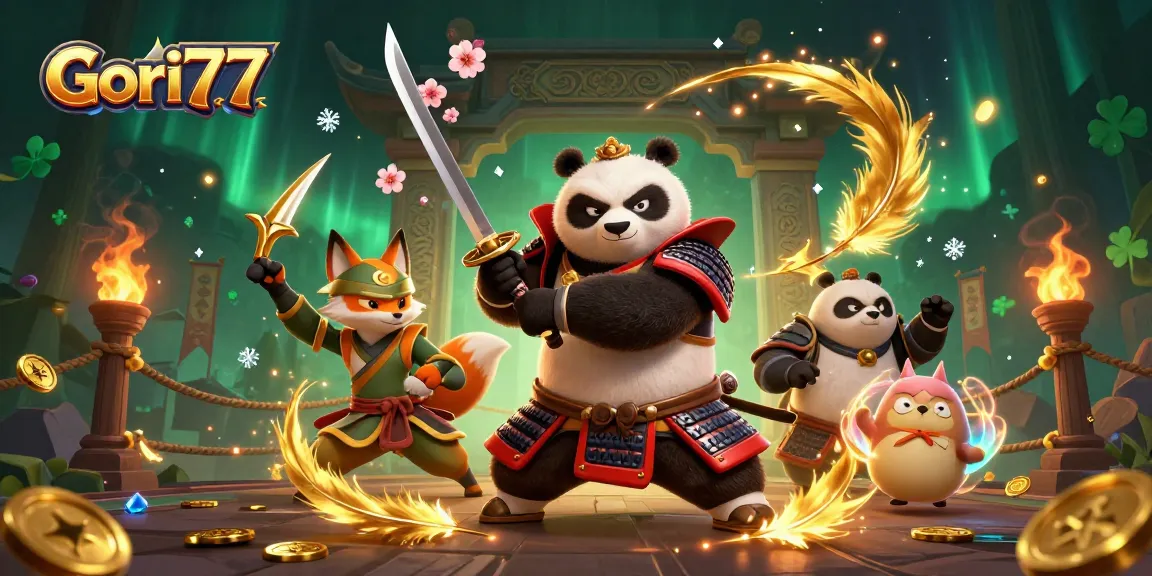 Gori77 menghadirkan suasana kasino yang seru dengan karakter panda dan rubah ninja siap bermain.