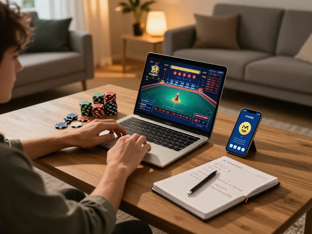 Engaged player exploring viral4d online casino on laptop with poker chips and strategy notes.