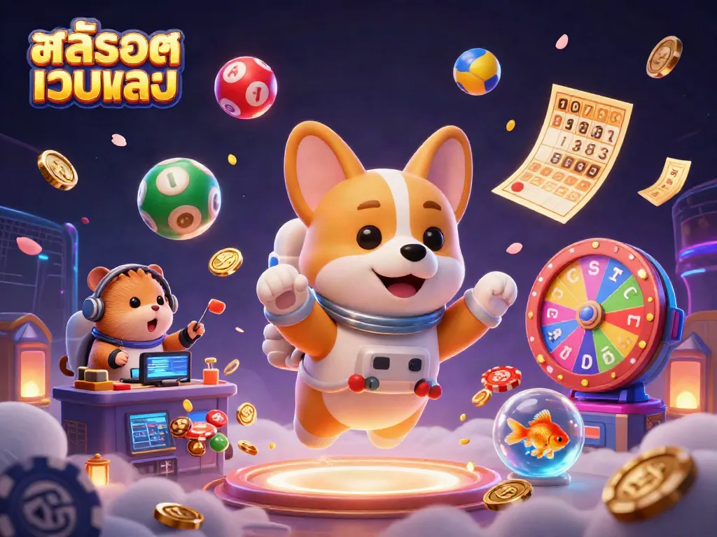 Engage with สล็อตเว็บตรง in a vibrant 3D casino scene featuring floating gambling elements and playful characters.