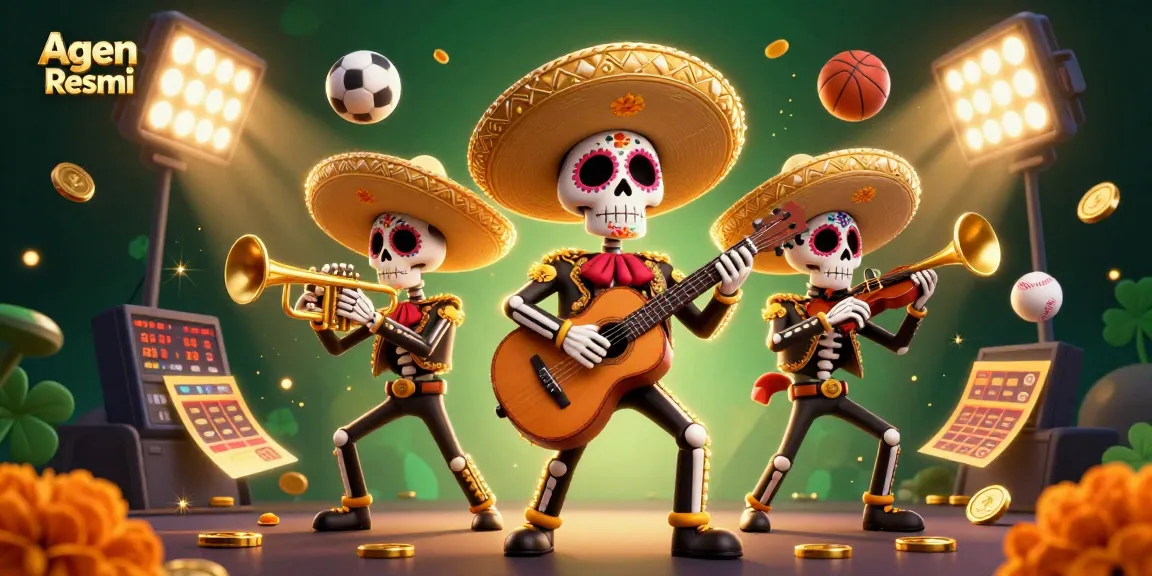 Agen Resmi showcases a vibrant scene with a mariachi band celebrating sports betting, filled with dynamic game elements.