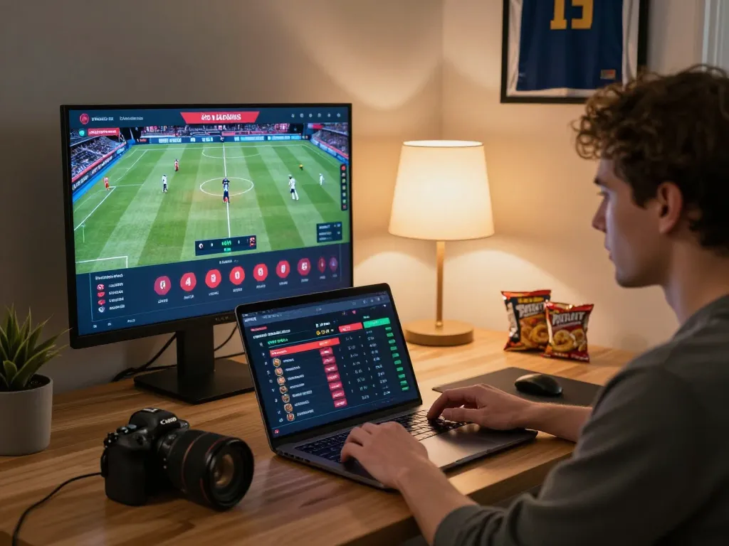 Person strategically placing bets on tylekeonhacai88 while tracking live sports odds in a comfortable home office.