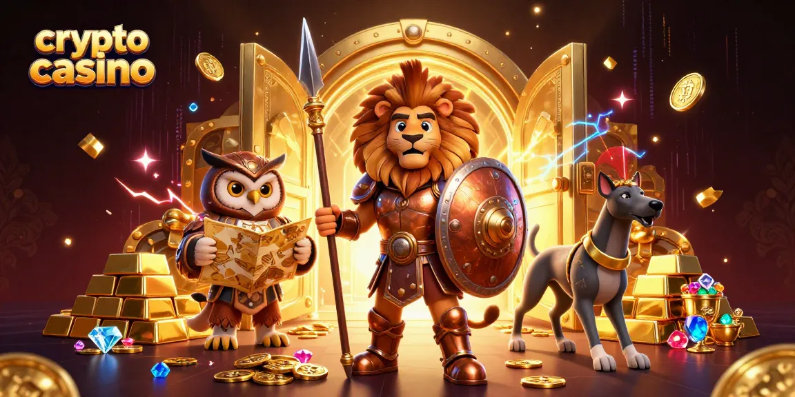 Plongez dans l'univers des crypto casinos avec cette scène illustrant un lion en armure, une chouette stratège et un lévrier messager.