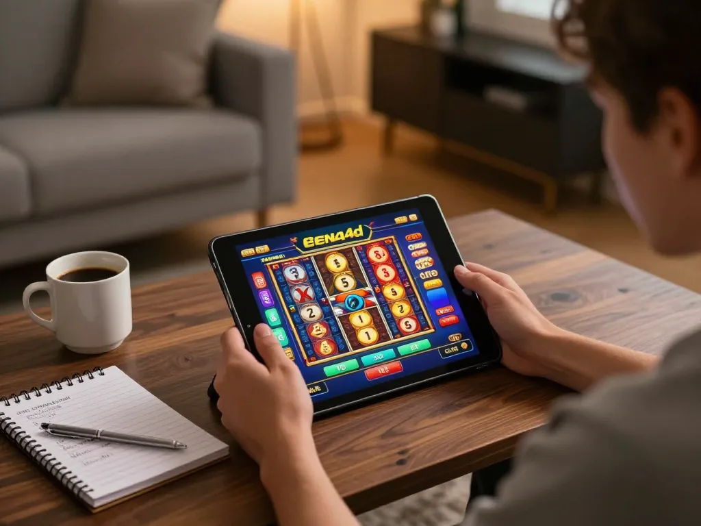 Pemain menikmati permainan slot aneka4d yang penuh warna di tablet, menampilkan pengaturan permainan di rumah