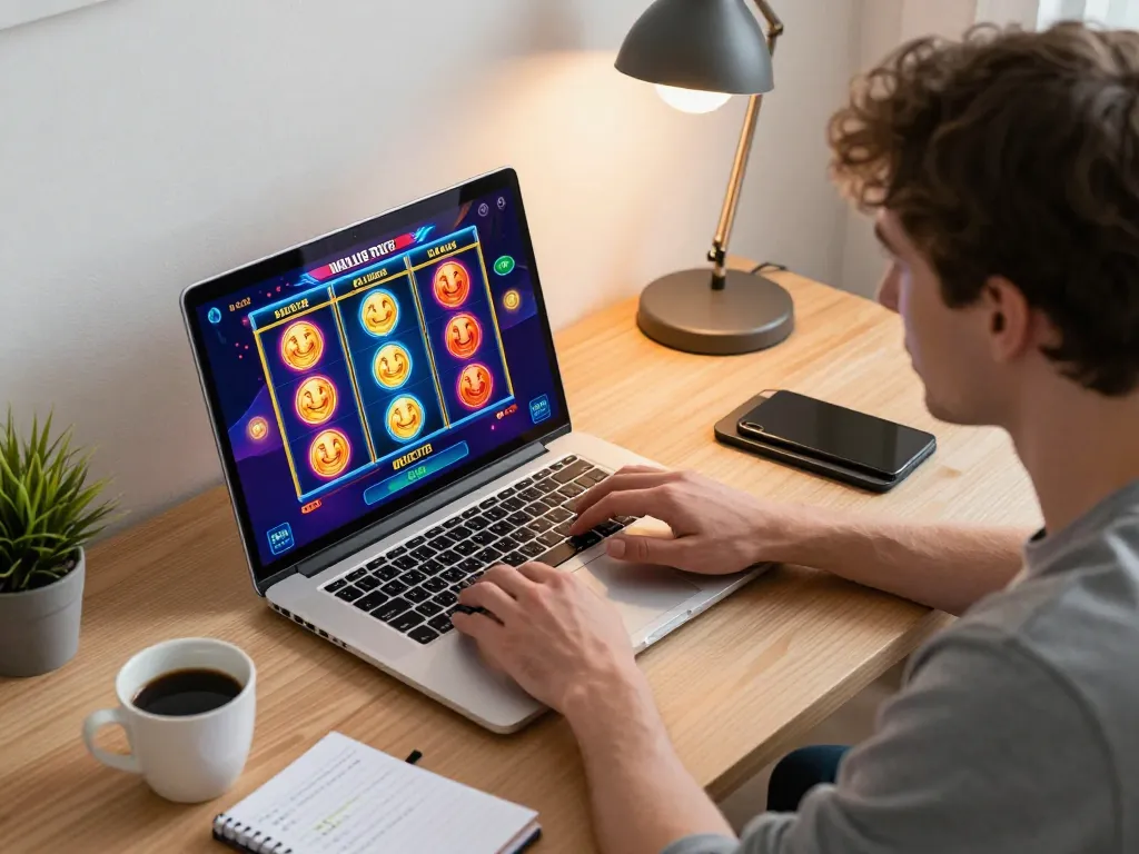 Engaging scene of online gaming at situs amigogrillandco with a player focused on laptop showing colorful slots