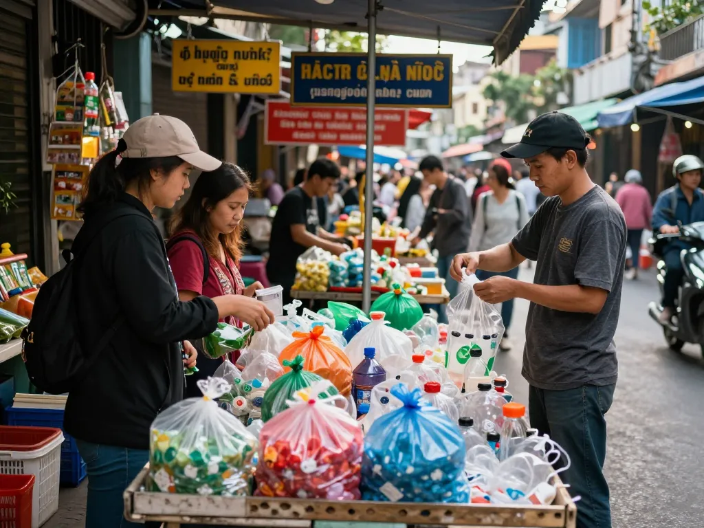 Vendor explaining cách bóc ép plastic hà nội in a vibrant Hanoi market with eco-friendly products.