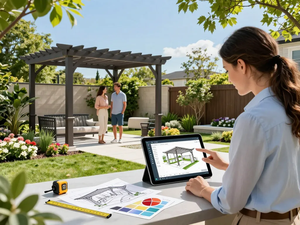 Sales representative using Pergola Sales Software to customize a 3D pergola design with engaged customers in an outdoor garden setting.