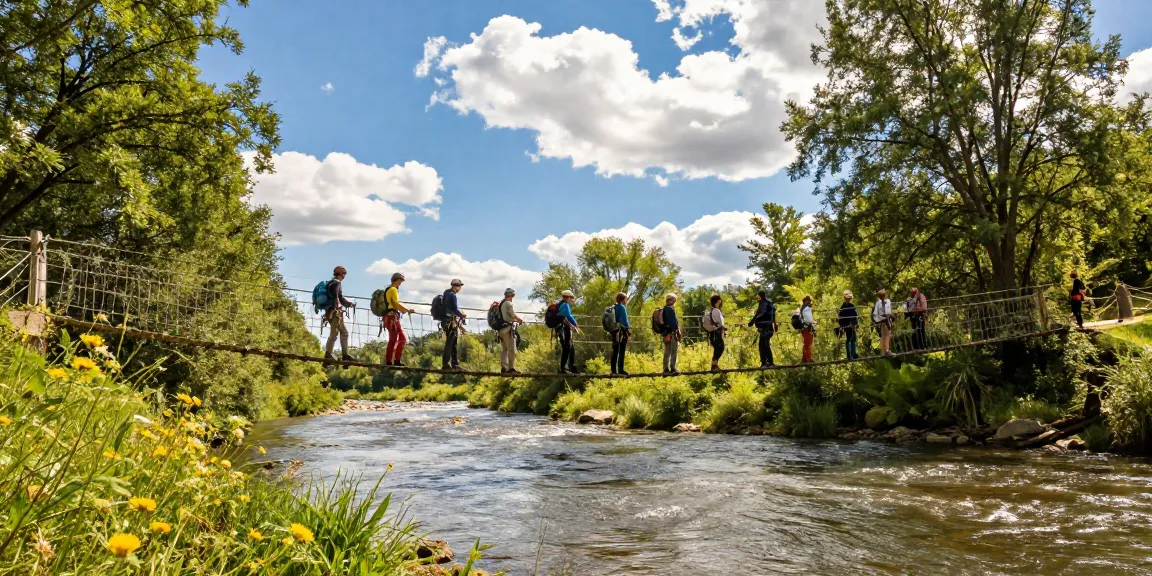 A group of adventurers crossing a River Rope Bridge over a scenic river surrounded by lush greenery.