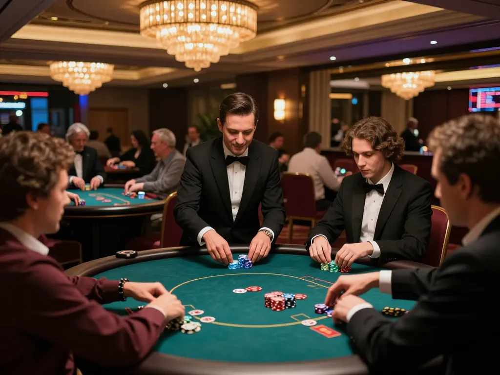 RR88 players enjoying high-stakes poker at an elegant casino table, showcasing excitement and strategy.