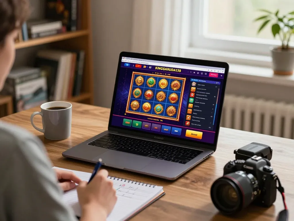 Engaging online gaming session on KING GARUDA138 with vibrant slot visuals and strategic notes.