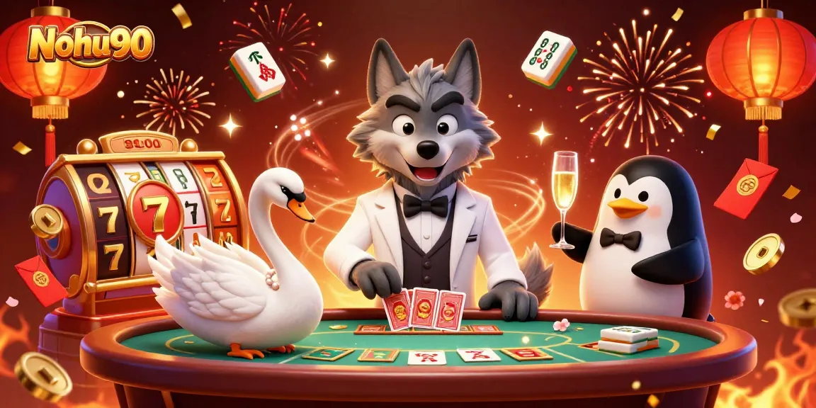 Nohu90 offers thrilling jackpot spins with a wolf in tuxedo and swan dealer at a casino table.