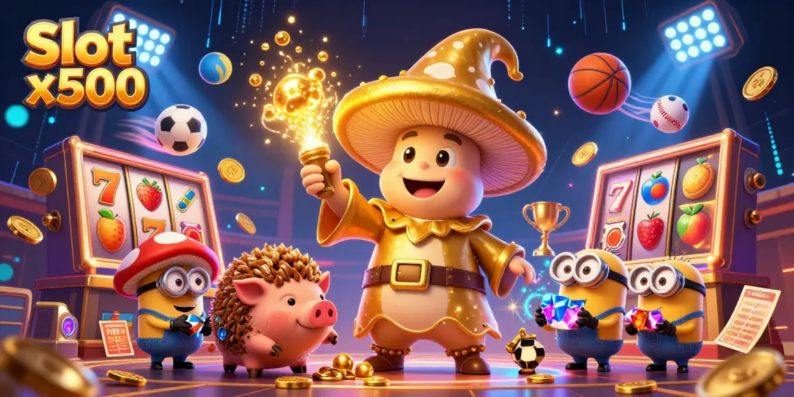 Experience the thrill of Slot x500 with magical golden wizard and vibrant casino elements.
