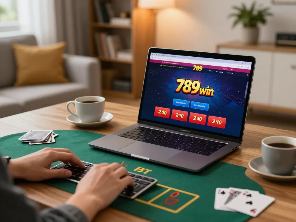 Engaging in online gaming action on 789win's platform with cozy home setup