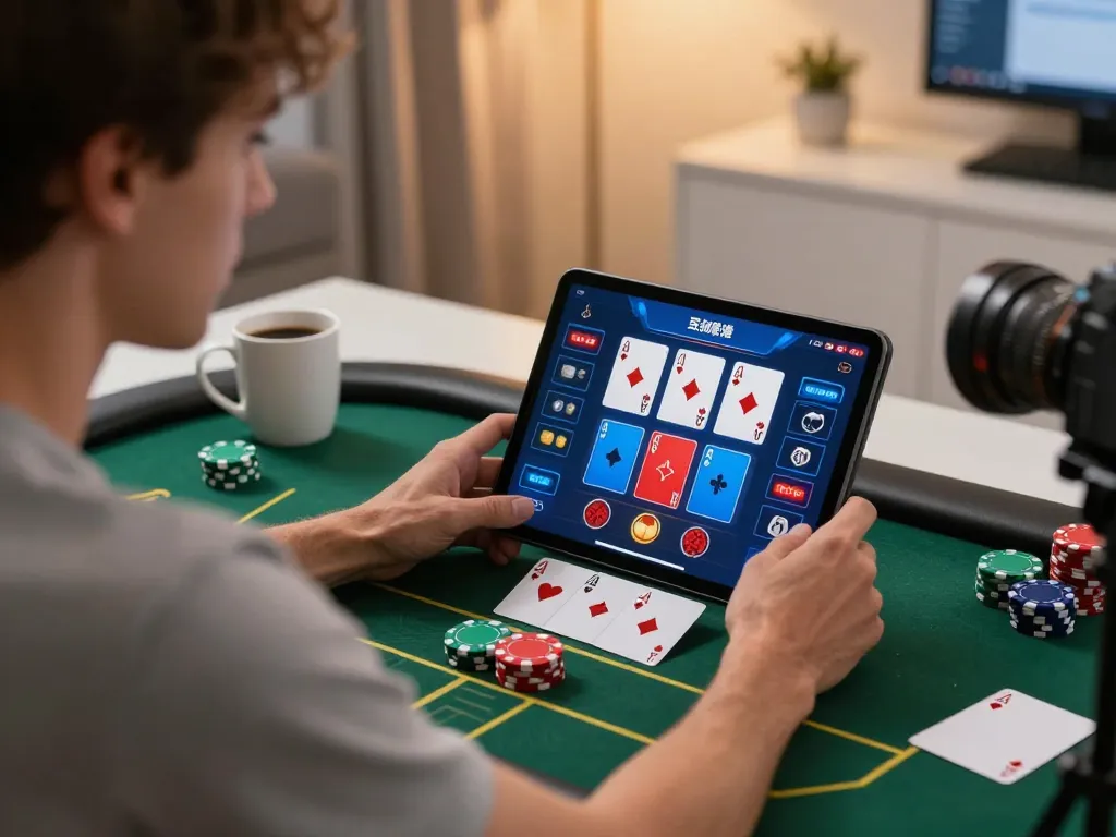 Player strategizing in KJC online poker game on tablet in a cozy home setting