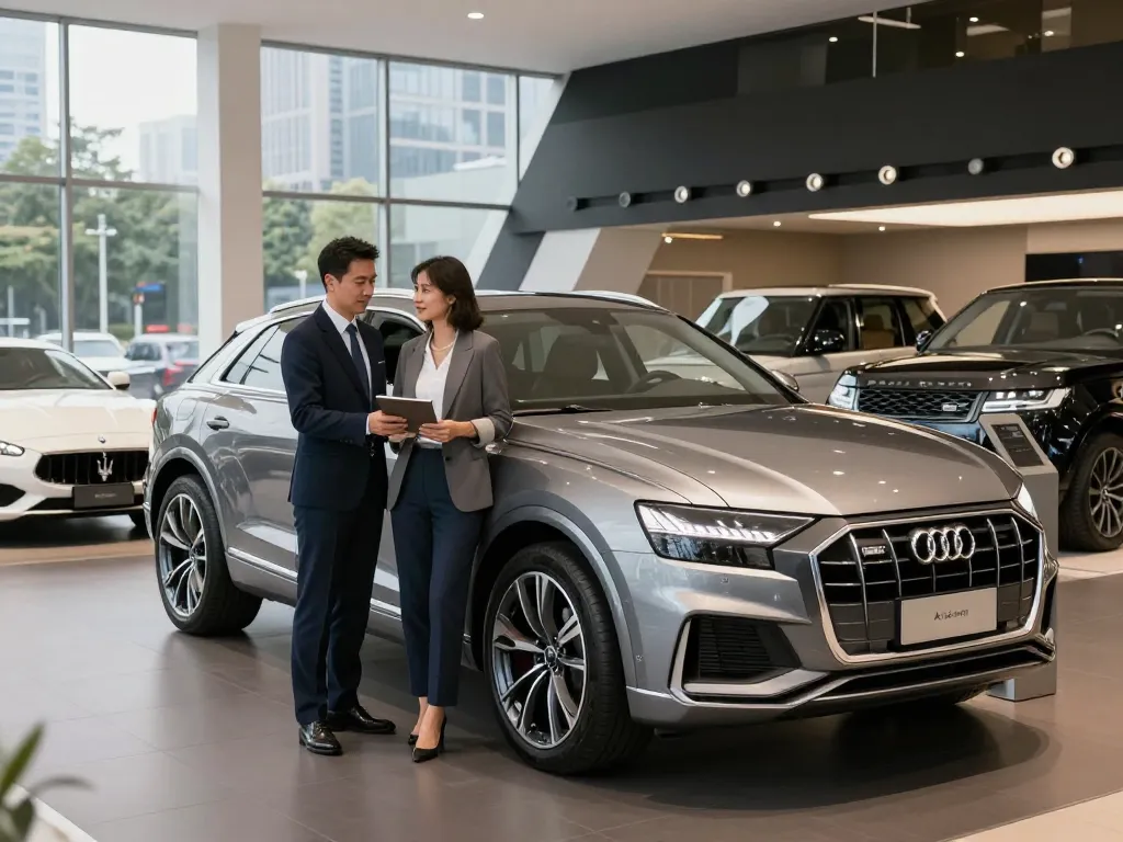 LuxCar Việt cung cấp dịch vụ cho thuê xe ô tô hạng sang, giới thiệu Audi Q8 trong một showroom thành phố sang trọng.