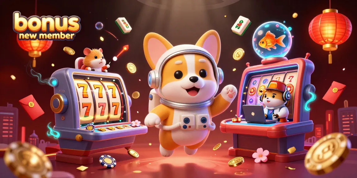 Engage with the bonus new member promo while enjoying a vibrant casino scene filled with animated characters.