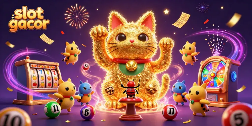 Experience excitement with slot gacor as the lucky cat waves amidst vibrant lottery elements.