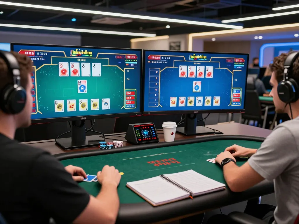 open88 player focused on a poker game at home using dual monitors and strategic notes