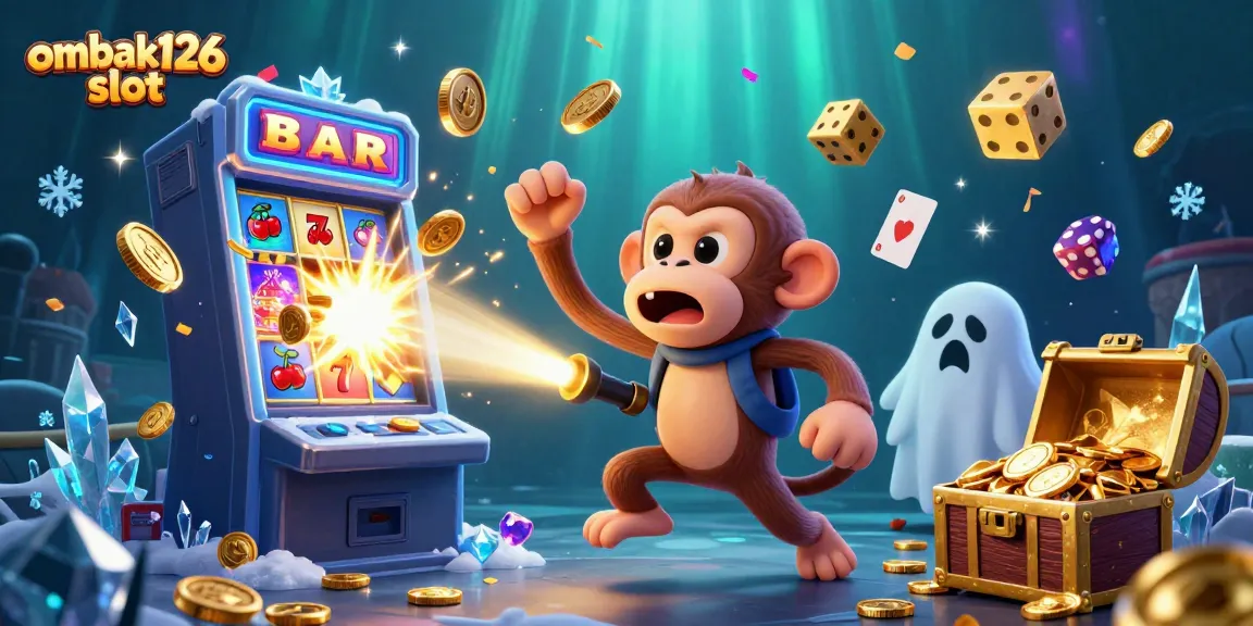 Engage with ombak126 slot in a vibrant, dynamic gambling scene with playful characters and abundant winnings.