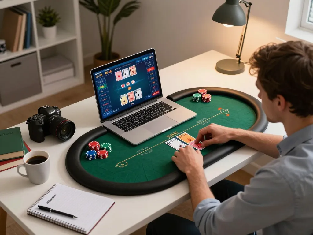 Player engaged in strategic online poker gameplay at home, showcasing DH88 gaming interface.