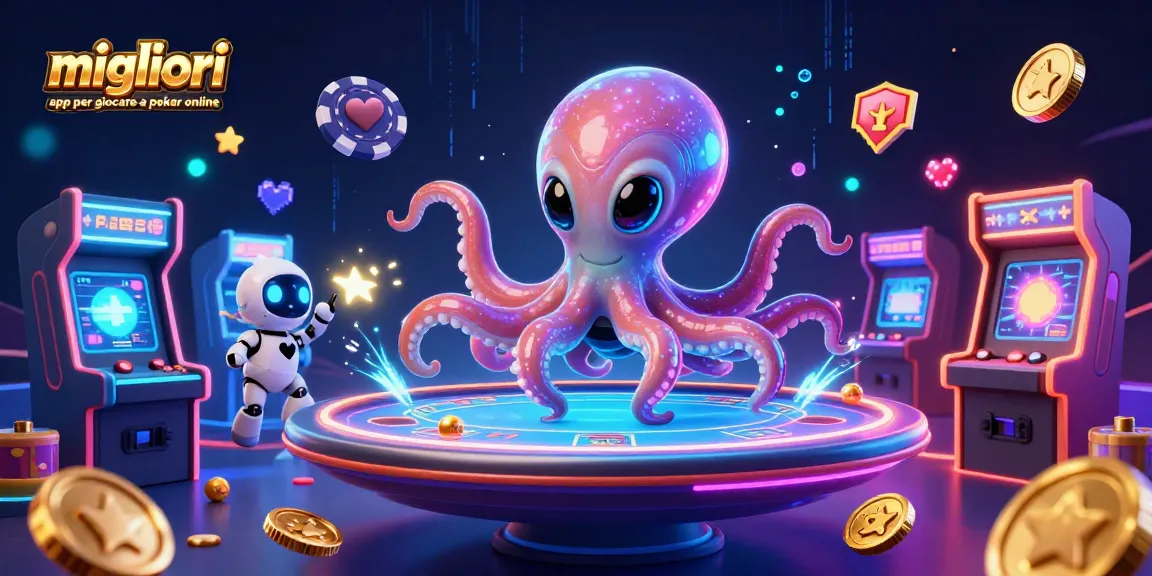 Migliori app per giocare a poker online: alieno e robot al tavolo da poker con chip galattici e macchine arcade luminose