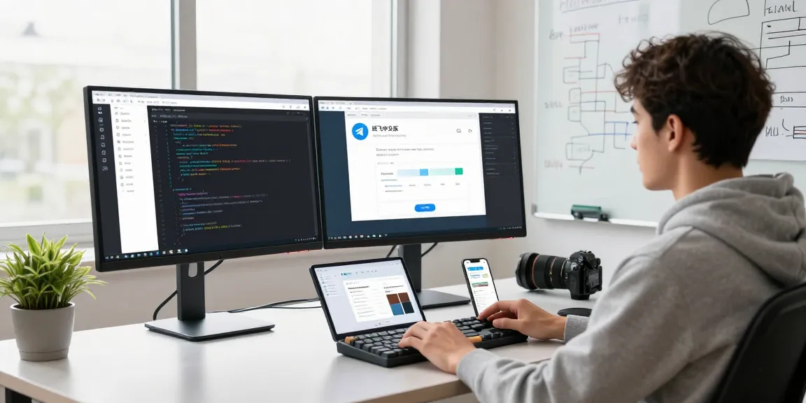 Developer using 纸飞机中文版 in a modern workspace with multiple screens and coding setup.