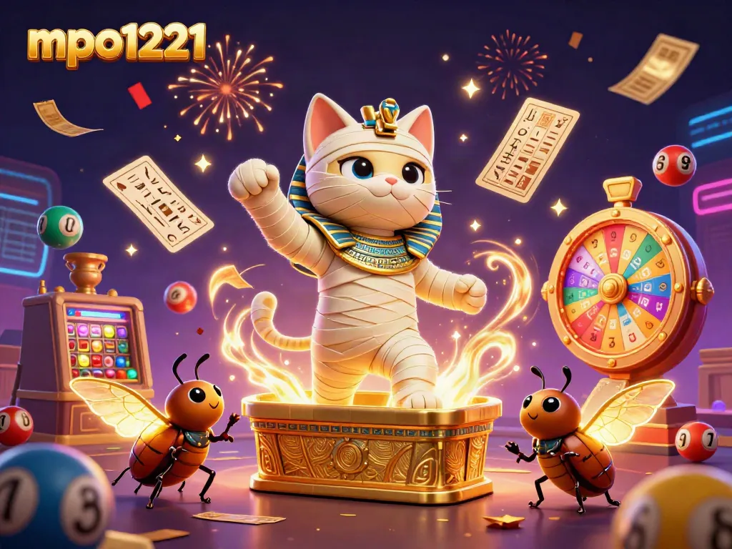 Join the excitement at mpo1221 with a vibrant scene of animated casino elements and mythical characters.