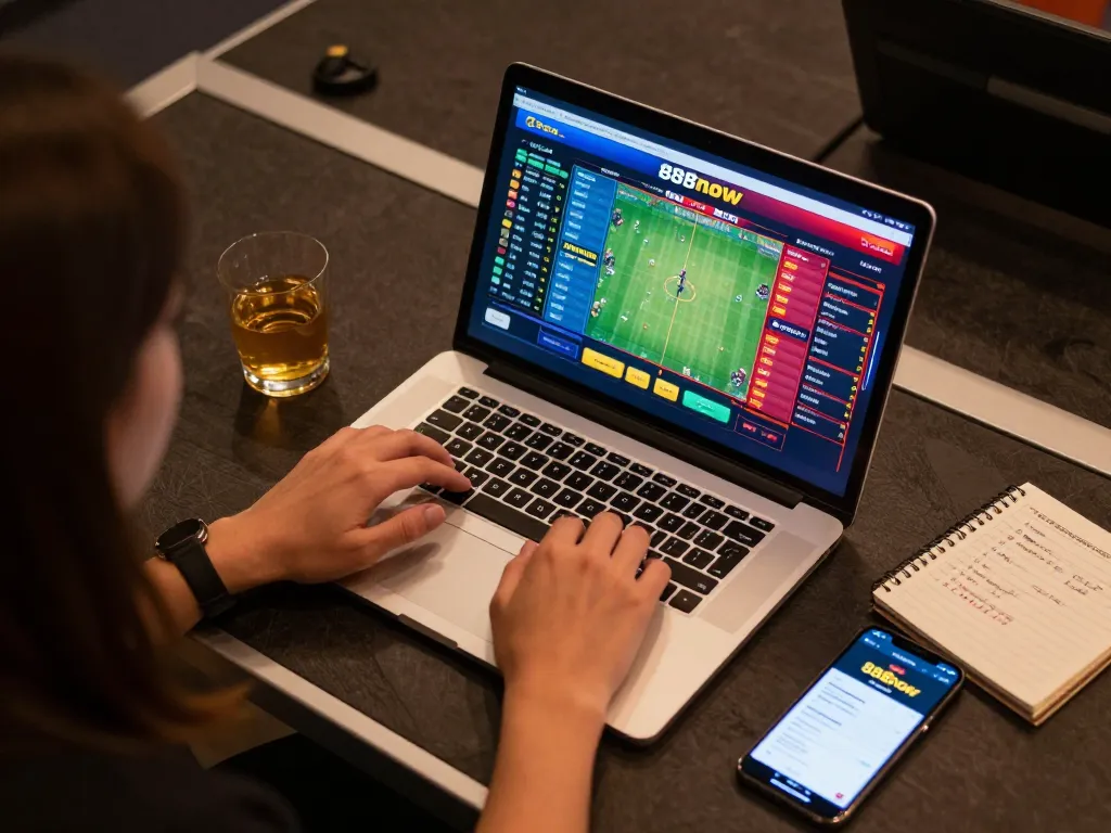 Engaging online betting experience at 888now with person using laptop and sports highlights