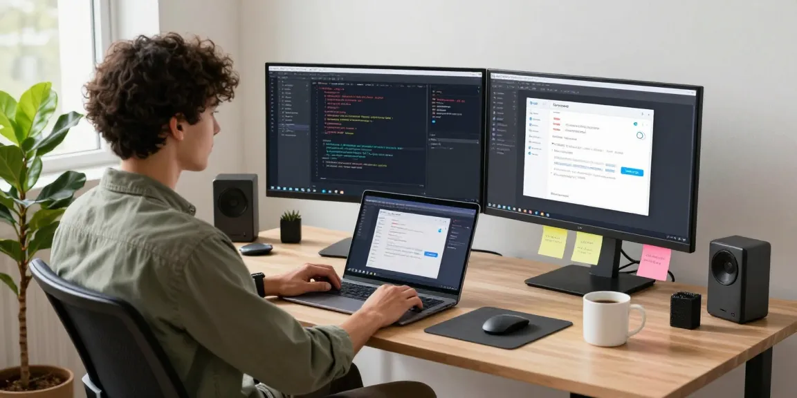 Young developer coding on dual monitors in a modern workspace showcasing 纸飞机中文版 features.