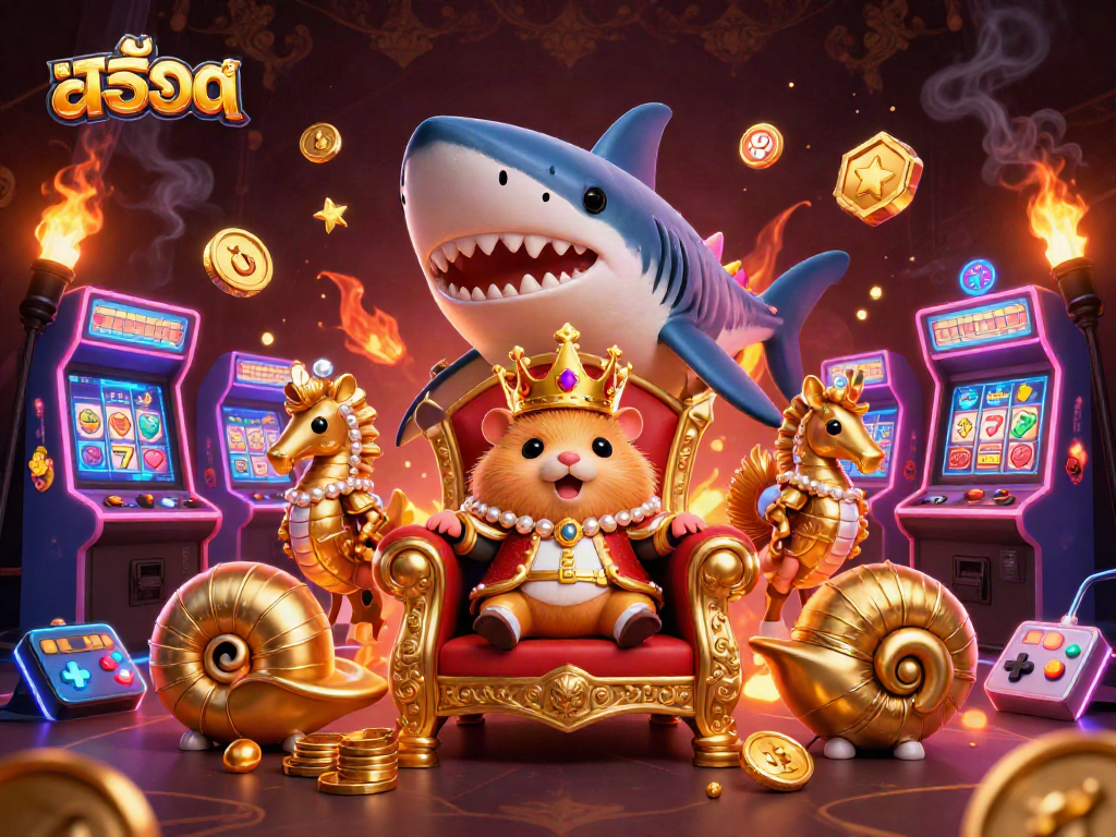 Engage in exciting สล็อต action with our illustrated golden hamster king and vibrant casino elements.