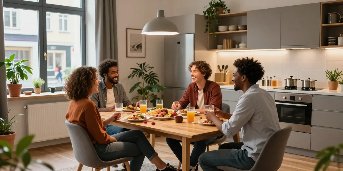 Gemütliche Monteurzimmer Hannover mit vier Personen, die sich entspannen und essen.