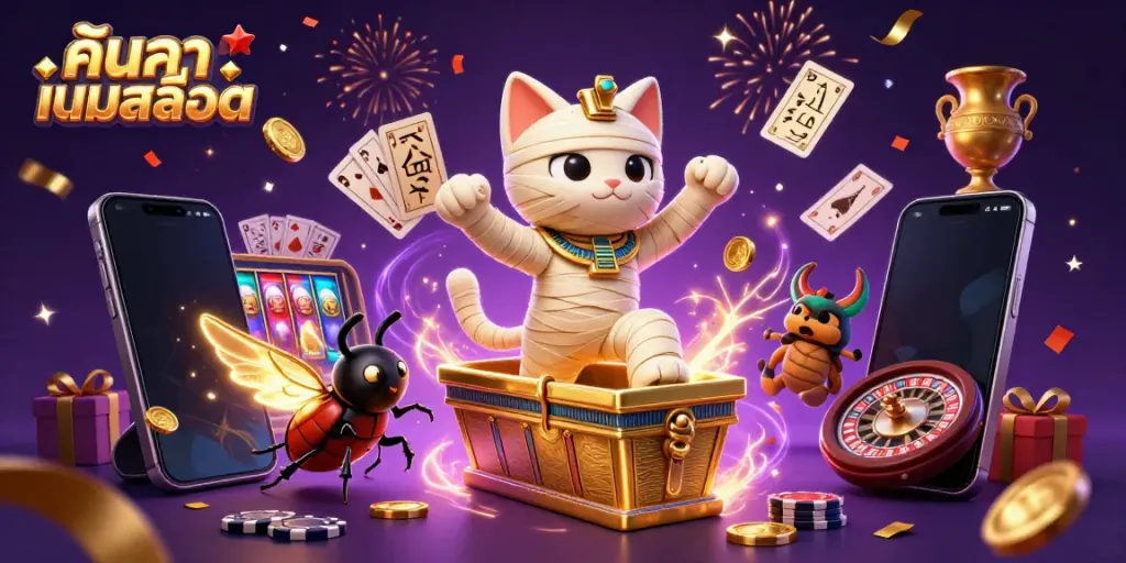 Experience the thrill of gaming with ค้นหาเกมสล็อต in vibrant 3D illustration featuring a mummy cat and casino elements.