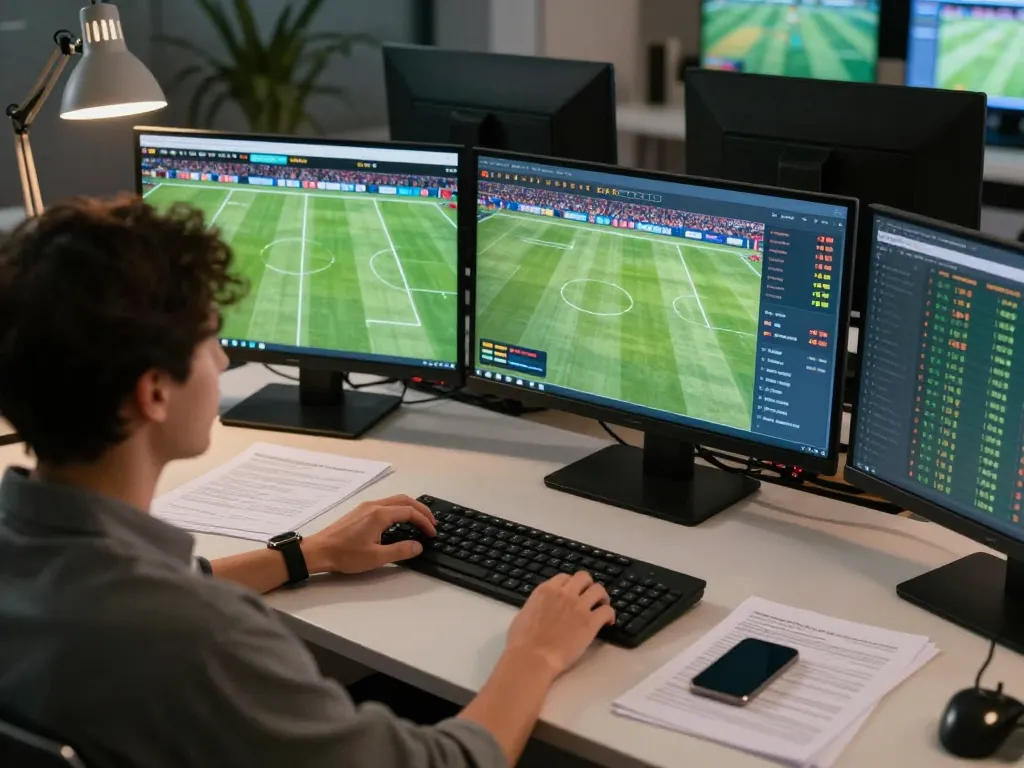 Bongdalu user engaging in live sports betting analysis with multiple screens displaying odds and matches.