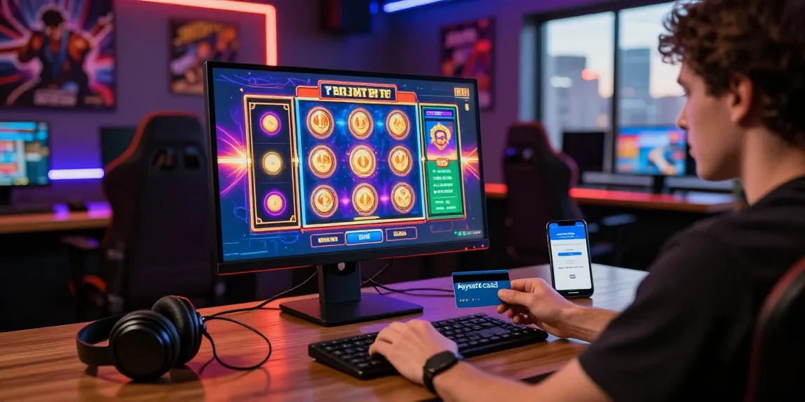 Spieler verwendet ein Paysafe Card Casino, um Gelder an einem lebhaften Online-Gaming-Setup mit bunten Grafiken und moderner Technik einzuzahlen.