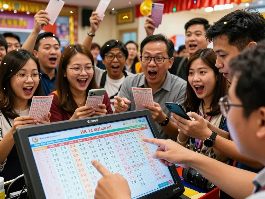 Excited players checking HK Malam Ini lottery results on a large screen while celebrating.